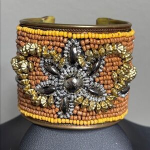 Boho Brass Beaded Cuff Bracelet with Floral Design